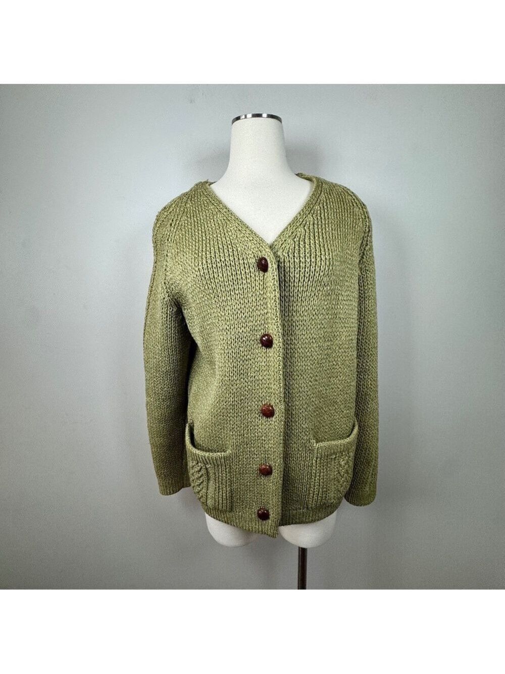 Ingo 100% Pure Wool  Olive Green Women's Cardigan Sweater size Large Vintage
